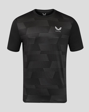 Front view of black men's all over print T shirt with geometric striped pattern and a small Castore logo on the chest