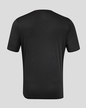 Back view of black men's all over print T shirt with subtle textured knit