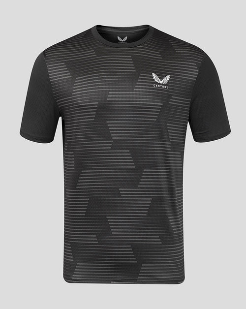 Front view of gunmetal gray men's all over print T shirt with diagonal stripe pattern and Castore logo on the chest