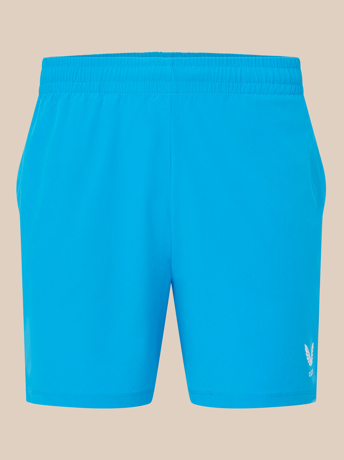 Blue shorts with a logo on a beige background