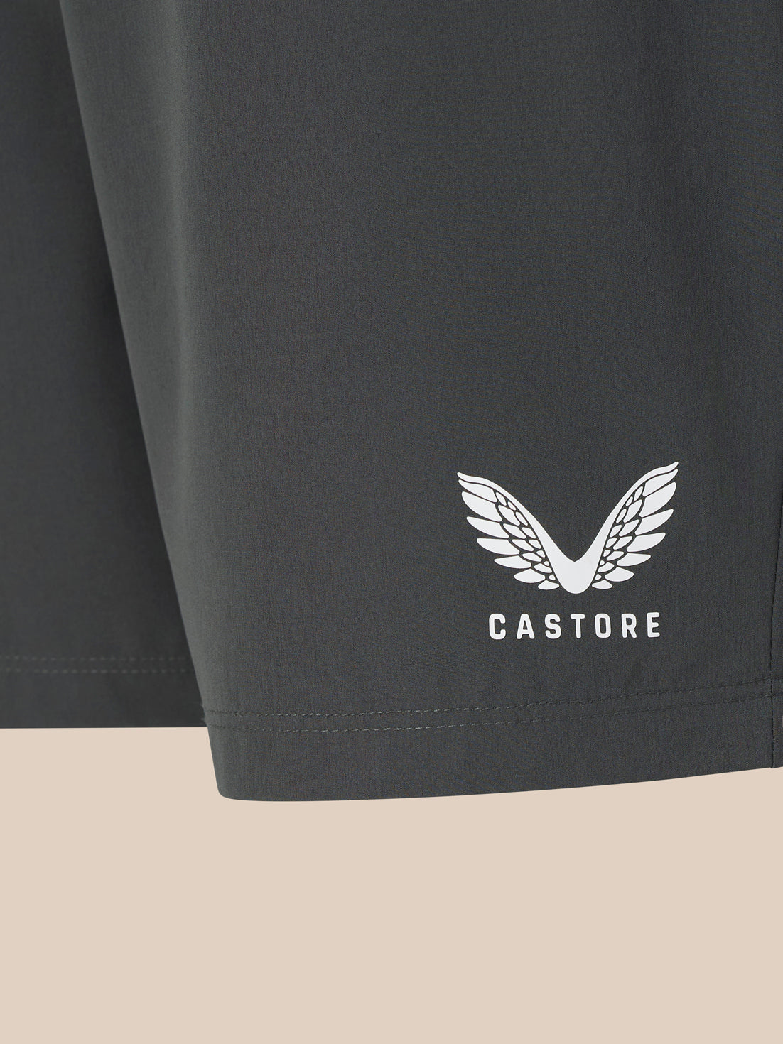 Dark gray shorts with a white logo and text on a beige background