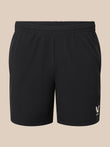 Front view of black men's 6 inch shorts with elastic waistband and small logo on the leg