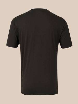 A black short-sleeve crewneck t-shirt shown from the back, displayed on an invisible mannequin against a solid beige background.