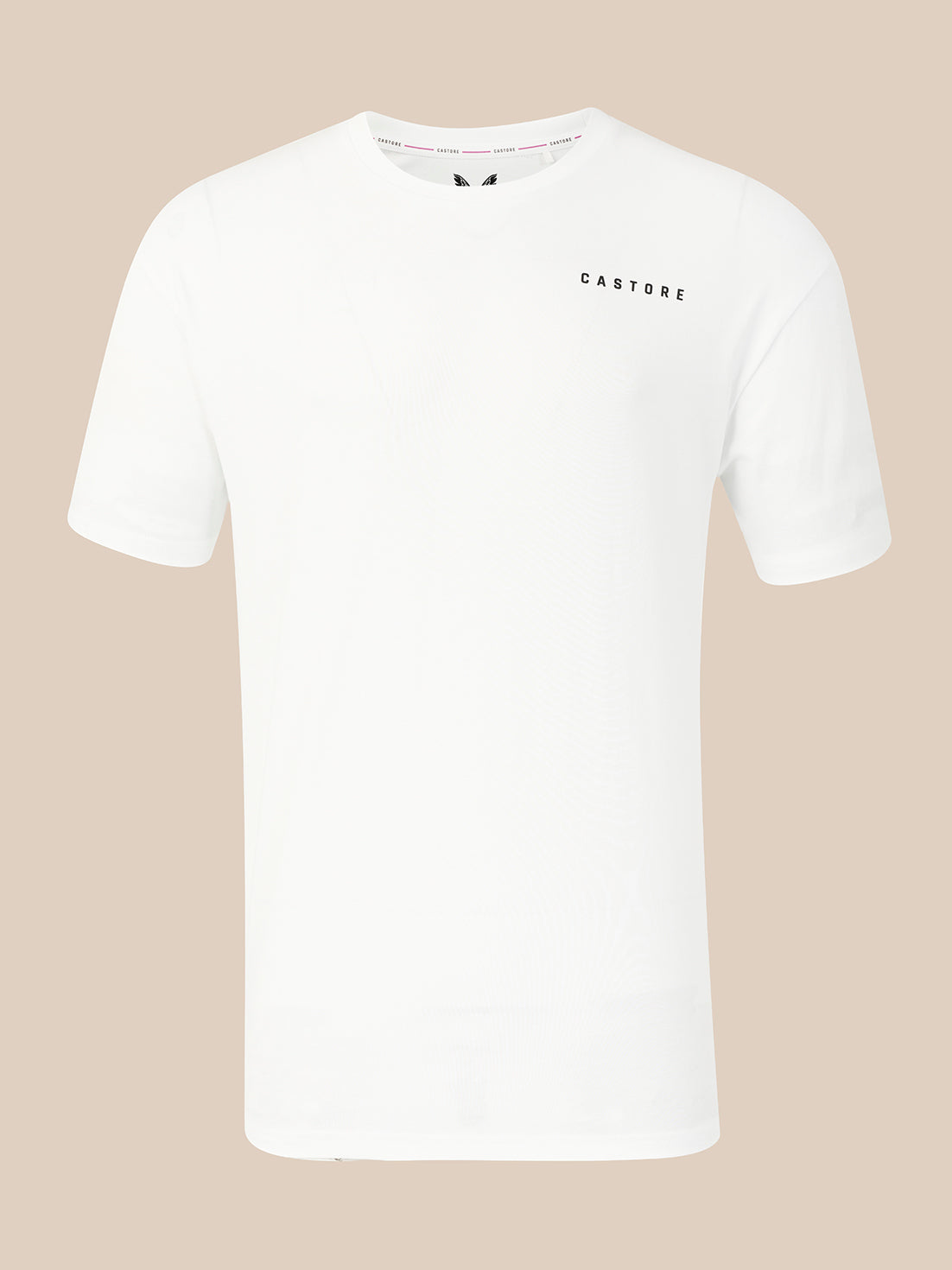 A white short-sleeve crewneck t-shirt with 'CASTORE' printed in small black letters on the left chest, displayed against a solid beige background.