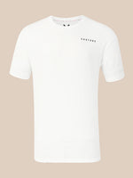 A white short-sleeve crewneck t-shirt with 'CASTORE' printed in small black letters on the left chest, displayed against a solid beige background.