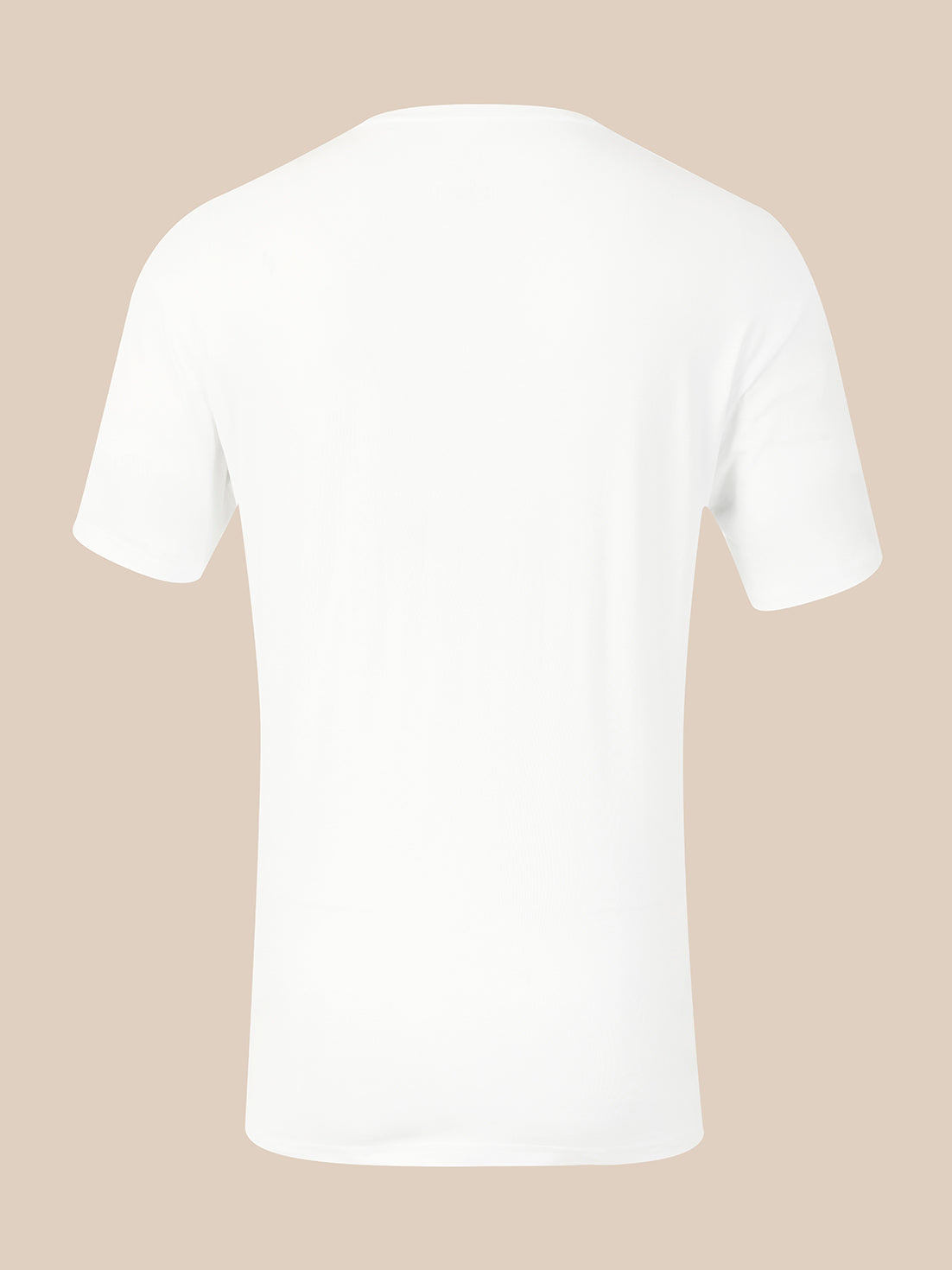 A plain white short-sleeve crewneck t-shirt shown from the back, centered against a solid light beige background.