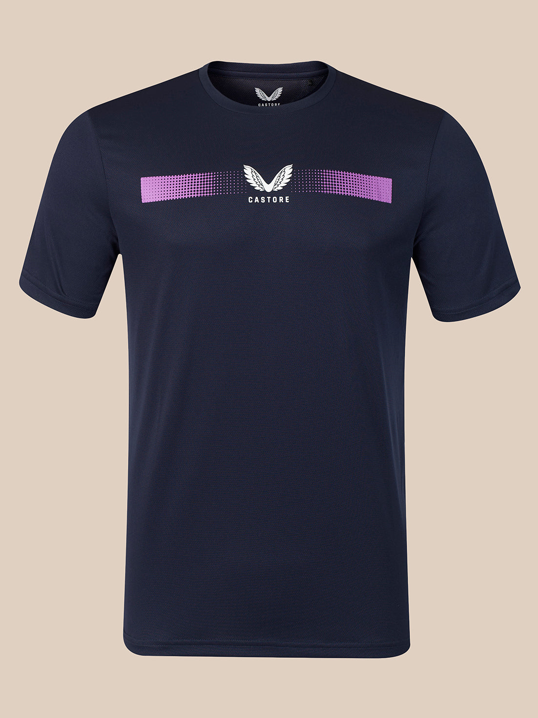 A navy blue short-sleeve athletic t-shirt with a purple and white horizontal graphic across the chest, featuring a winged logo and the word 'CASTORE'.