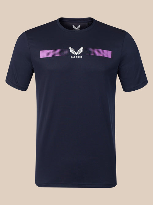 A navy blue short-sleeve athletic t-shirt with a purple and white horizontal graphic across the chest, featuring a winged logo and the word 'CASTORE'.