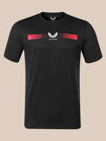 A black short-sleeve athletic t-shirt with a red and white chest graphic featuring a winged logo and the word 'CASTORE'.