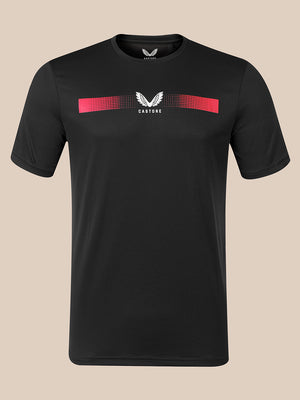 A black short-sleeve athletic t-shirt with a red and white chest graphic featuring a winged logo and the word 'CASTORE'.