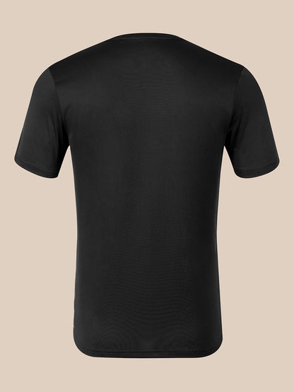 A black short-sleeve crewneck t-shirt shown from the back, displayed on an invisible mannequin against a solid beige background.