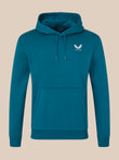 Blue hoodie with a logo on a beige background