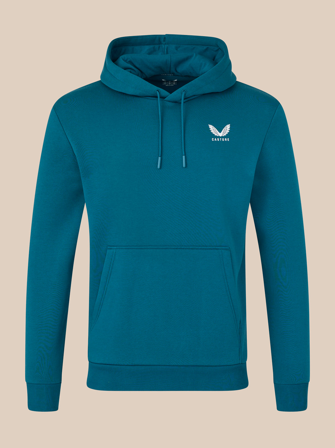 Blue hoodie with a logo on a beige background