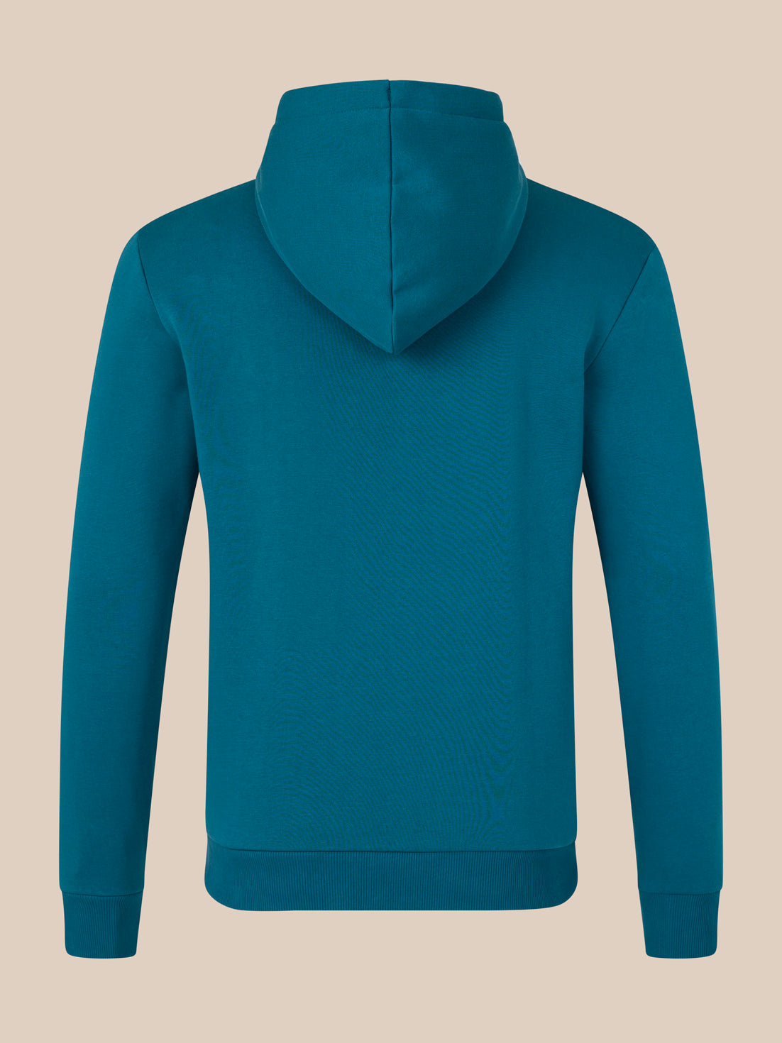 Blue hoodie shown from the back on a beige background