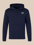 Navy blue hoodie with a white logo on a beige background