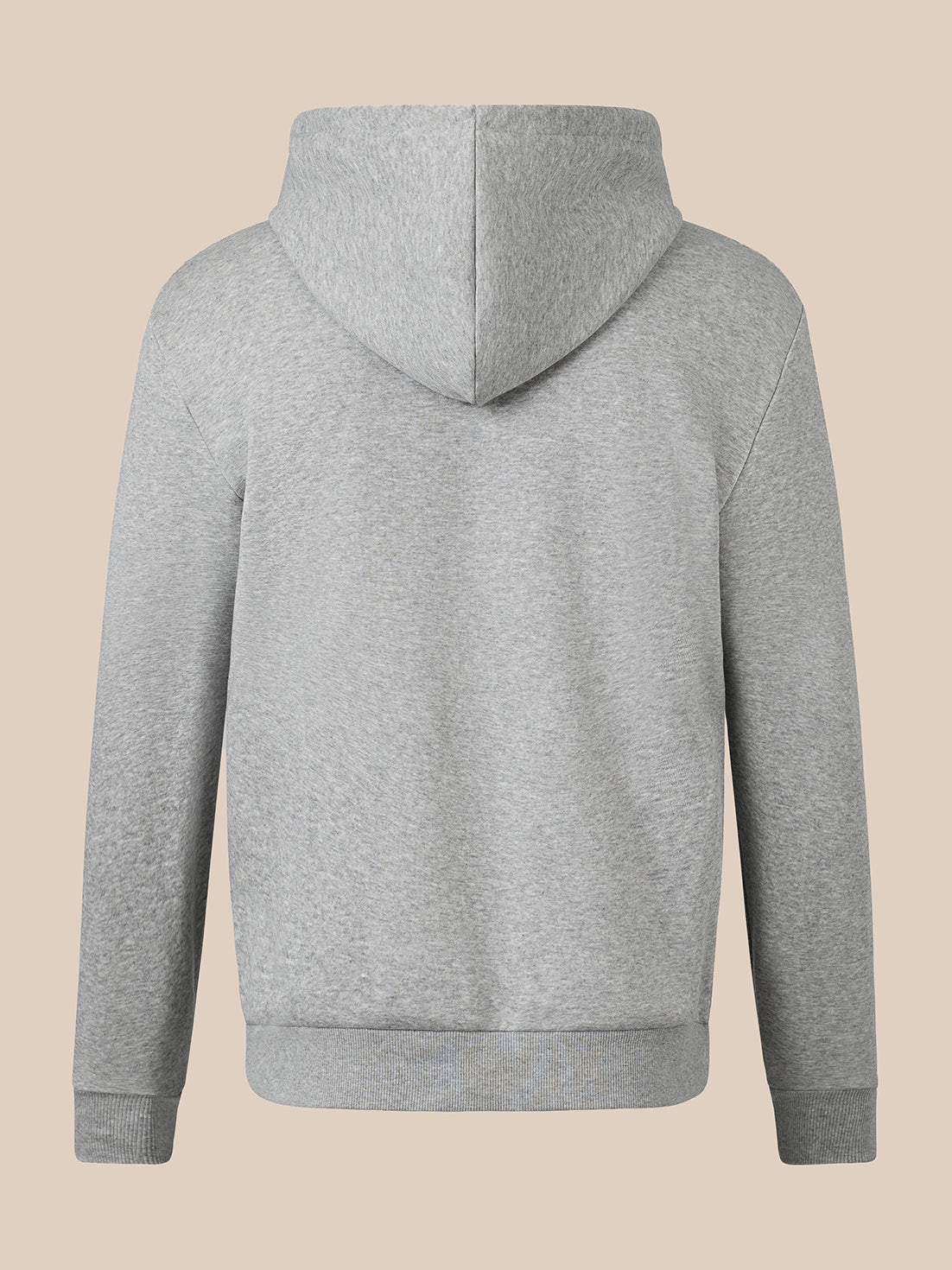 A light gray heathered hooded sweatshirt shown from the back, featuring a simple split hood and long sleeves, set against a solid beige background.