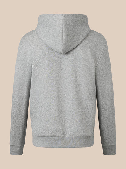 A light gray heathered hooded sweatshirt shown from the back, featuring a simple split hood and long sleeves, set against a solid beige background.