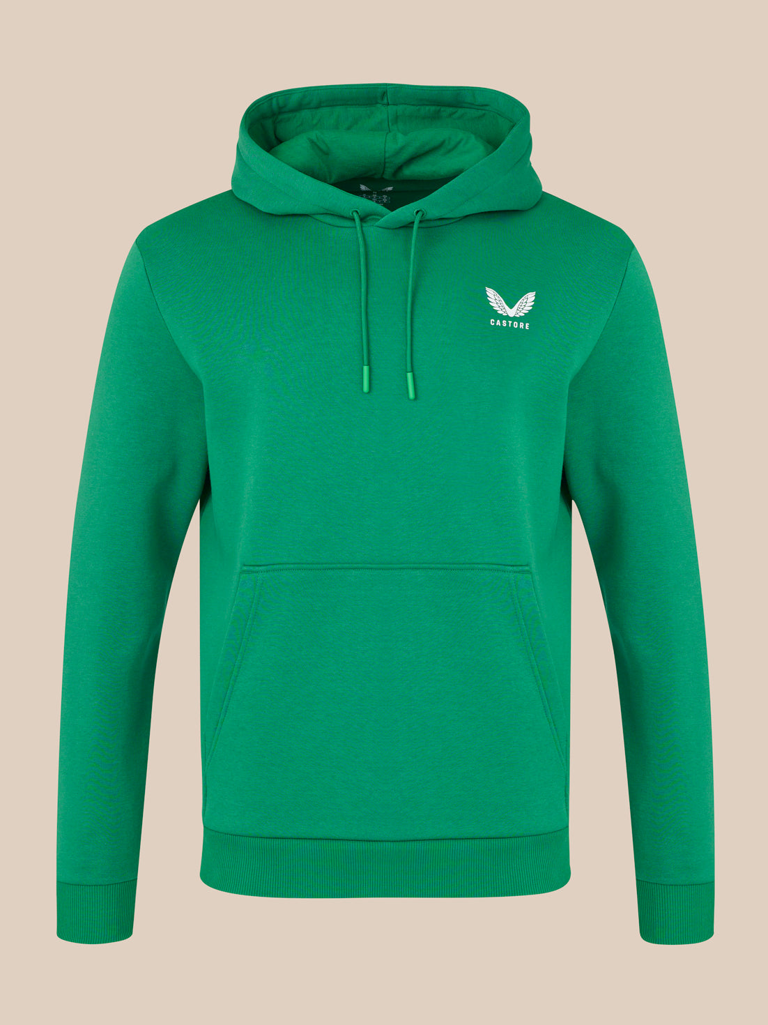 Green hoodie with a logo on a beige background
