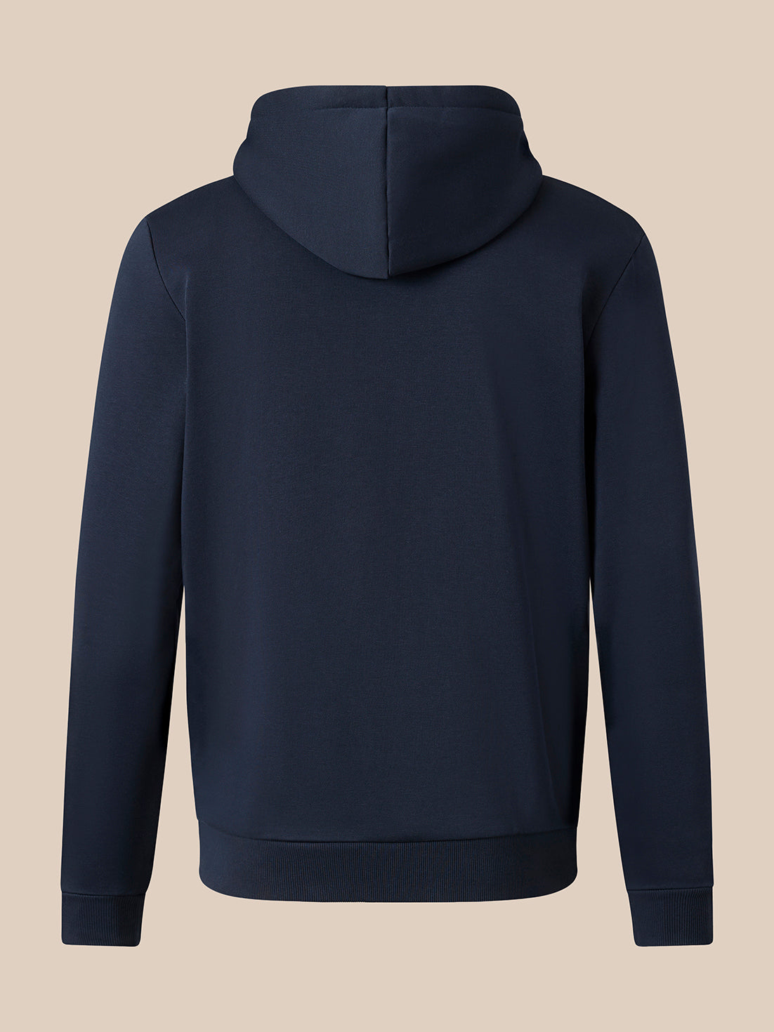 A dark navy blue hoodie shown from the back, displayed on a solid beige background.