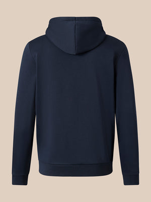 A dark navy blue hoodie shown from the back, displayed on a solid beige background.