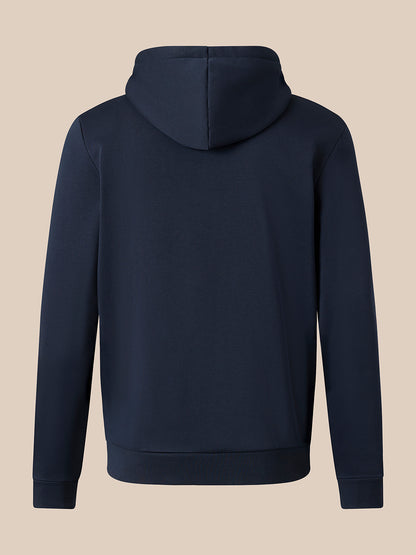 A dark navy blue hoodie shown from the back, displayed on a solid beige background.