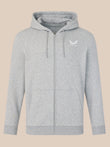 Gray hoodie with a brand logo on a beige background
