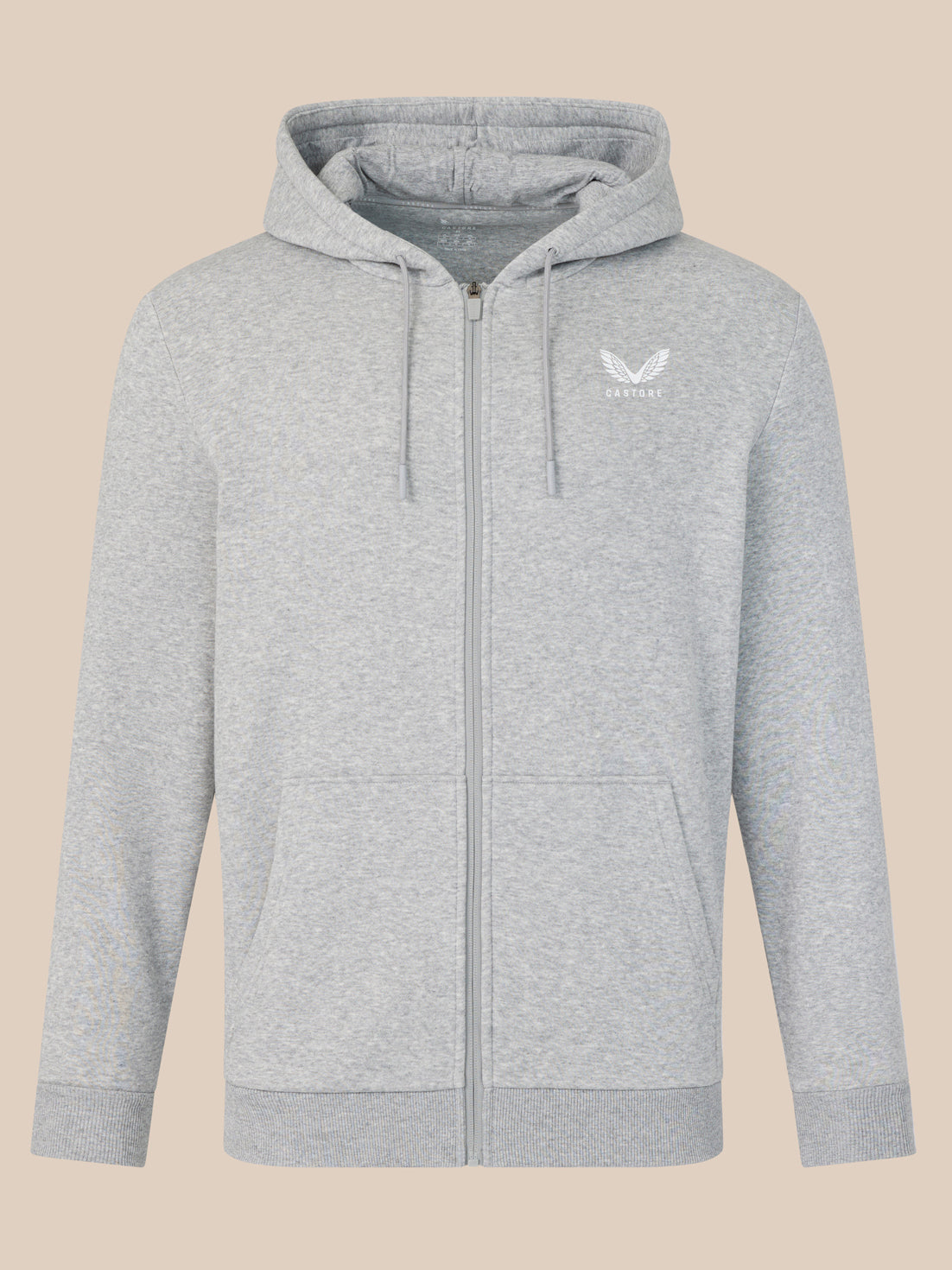 Gray hoodie with a brand logo on a beige background