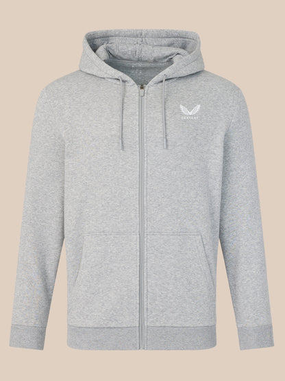 Gray hoodie with a brand logo on a beige background