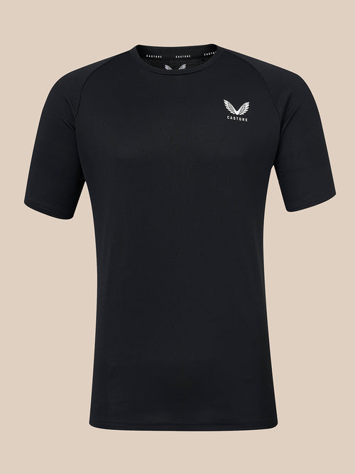 Black t-shirt with a small logo on a white background