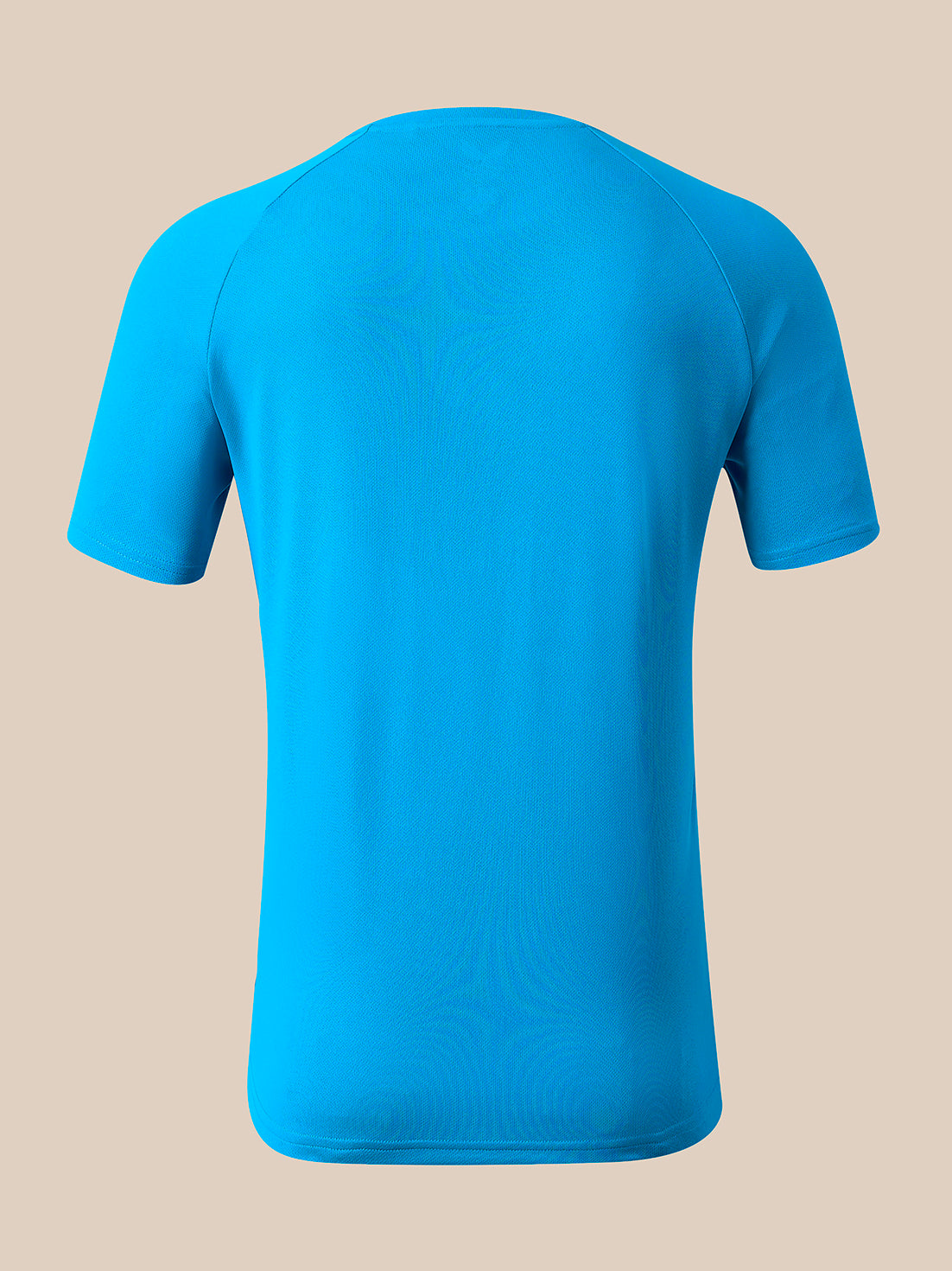 A bright blue short-sleeve athletic t-shirt shown from the back, displayed on an invisible mannequin against a solid beige background.