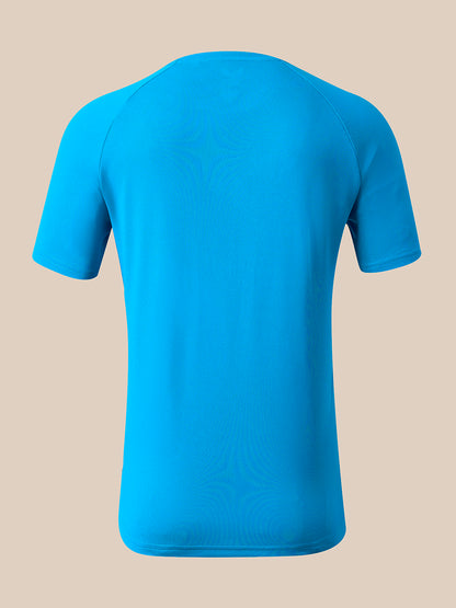 A bright blue short-sleeve athletic t-shirt shown from the back, displayed on an invisible mannequin against a solid beige background.