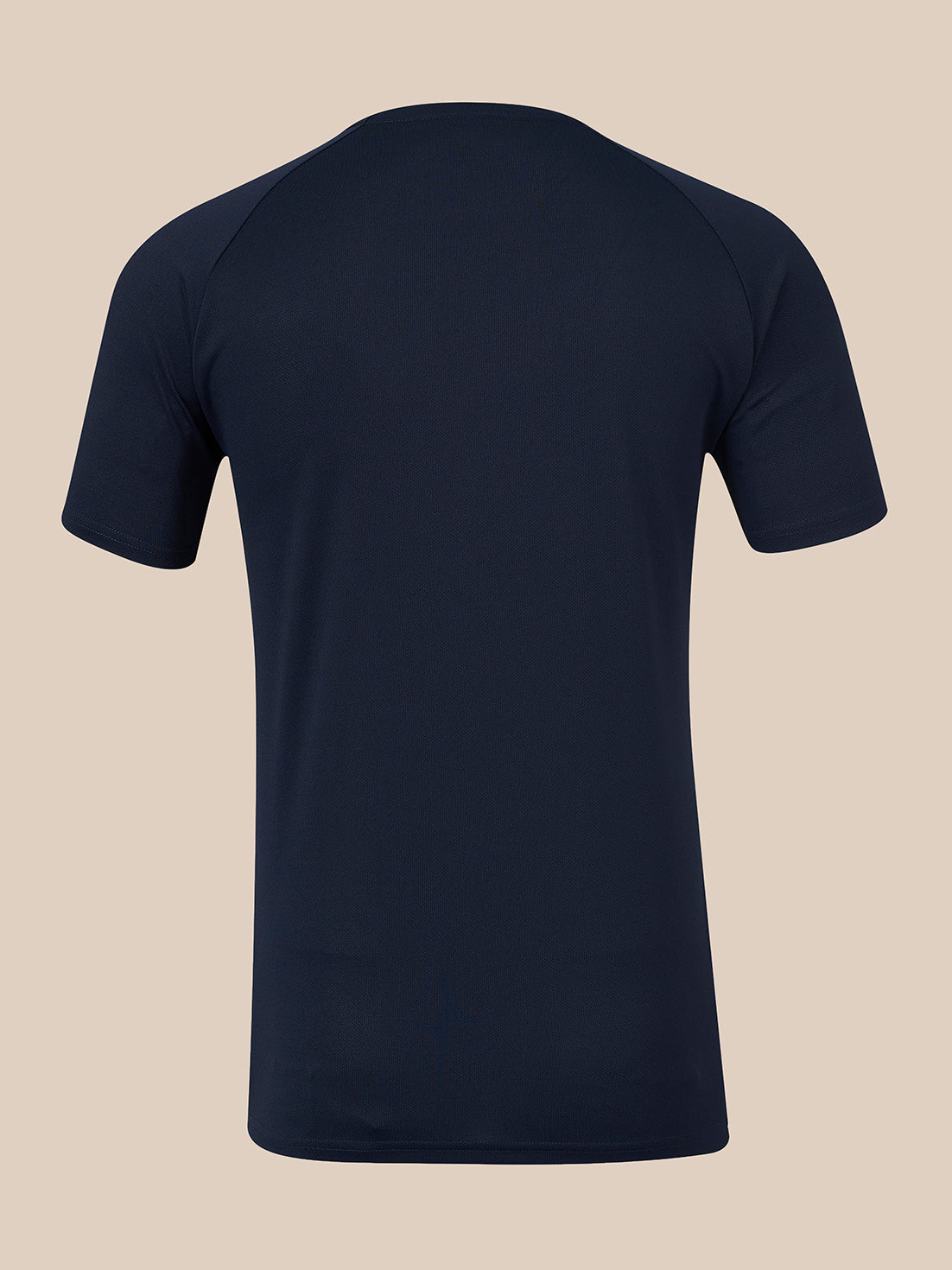A dark navy blue short-sleeve athletic t-shirt shown from the back, displayed on an invisible mannequin against a solid beige background.