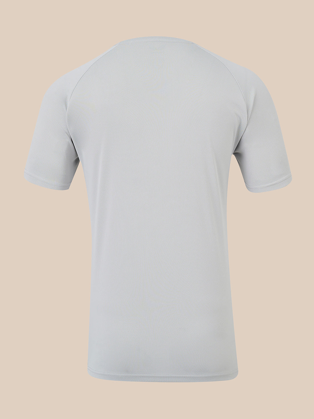 A light gray short-sleeve athletic t-shirt shown from the back, displayed on an invisible mannequin against a solid beige background.