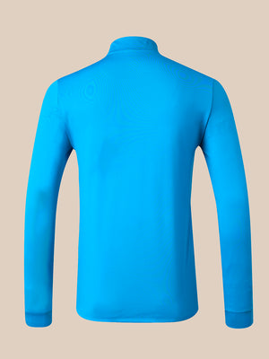 A bright blue long-sleeve mock neck shirt shown from the back, displayed on an invisible mannequin against a solid beige background.