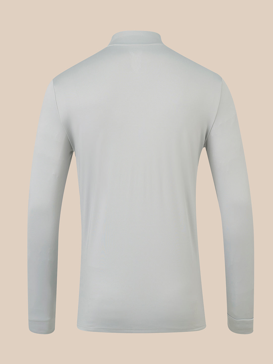 A light gray long-sleeve athletic top shown from the back, displayed on an invisible mannequin against a solid beige background.