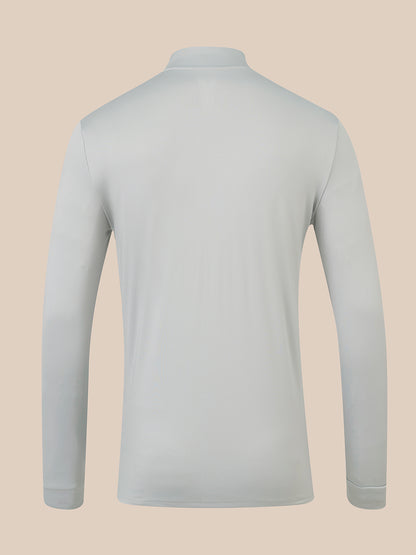 A light gray long-sleeve athletic top shown from the back, displayed on an invisible mannequin against a solid beige background.