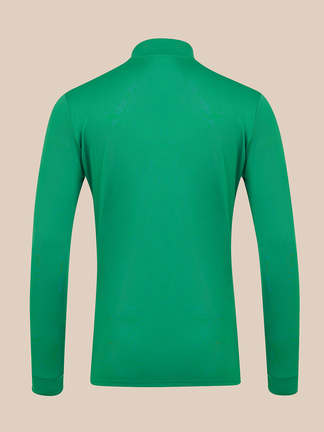 A bright green long-sleeve mock neck shirt shown from the back, displayed on a solid beige background.