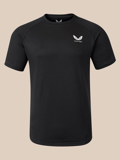 A black short-sleeve athletic t-shirt with a small white wing logo and the word 'CASTORE' on the left chest, displayed on a neutral beige background.