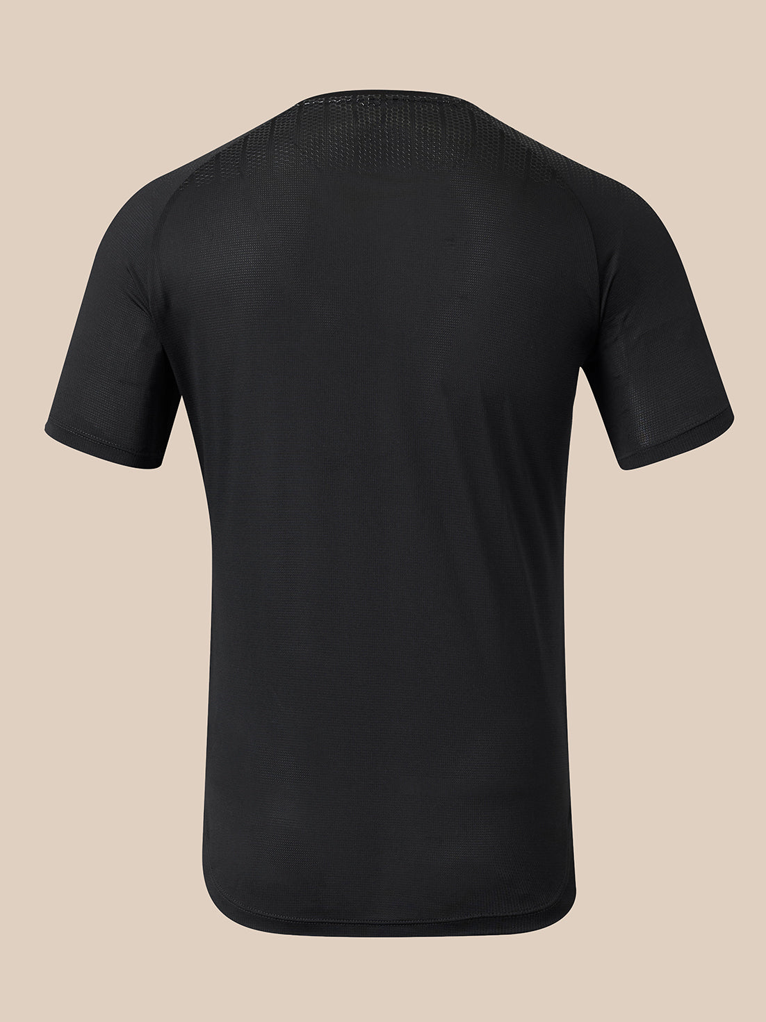 A black short-sleeve athletic t-shirt shown from the back, featuring a textured knit collar and ribbed hem, displayed on a solid beige background.