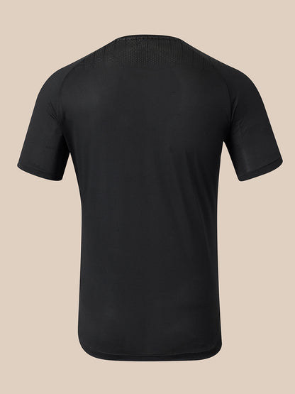 A black short-sleeve athletic t-shirt shown from the back, featuring a textured knit collar and ribbed hem, displayed on a solid beige background.