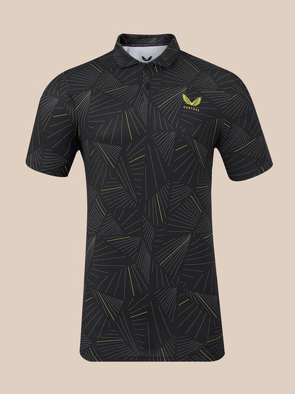 A short-sleeve collared athletic shirt with a black and dark gray palm leaf pattern and yellow accents, featuring a yellow winged logo on the left chest that reads 'CASTORE'.