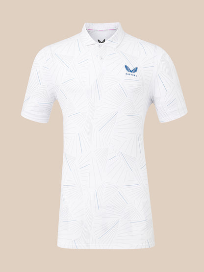 A white short-sleeve polo shirt with a subtle light blue geometric line pattern and a blue winged logo on the left chest reading 'CASTORE', shown against a solid beige background.