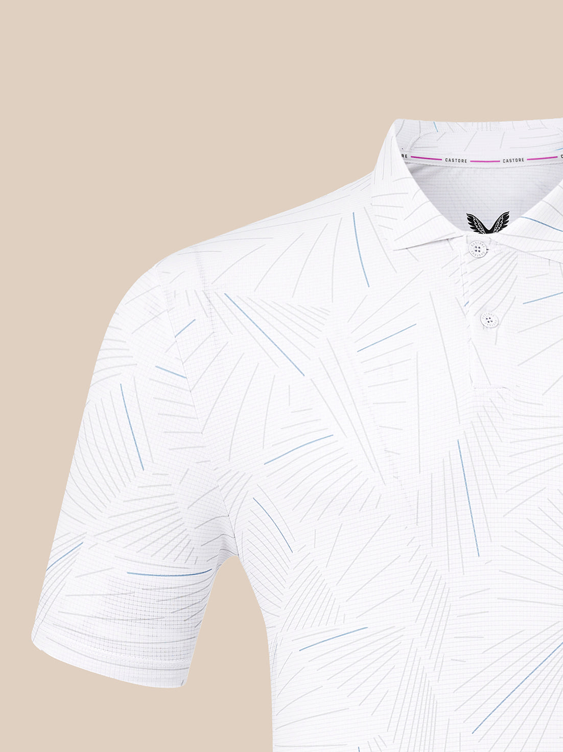 White short-sleeve polo shirt with a subtle geometric line pattern in light blue and gray, featuring a collar and button placket, shown against a solid beige background.