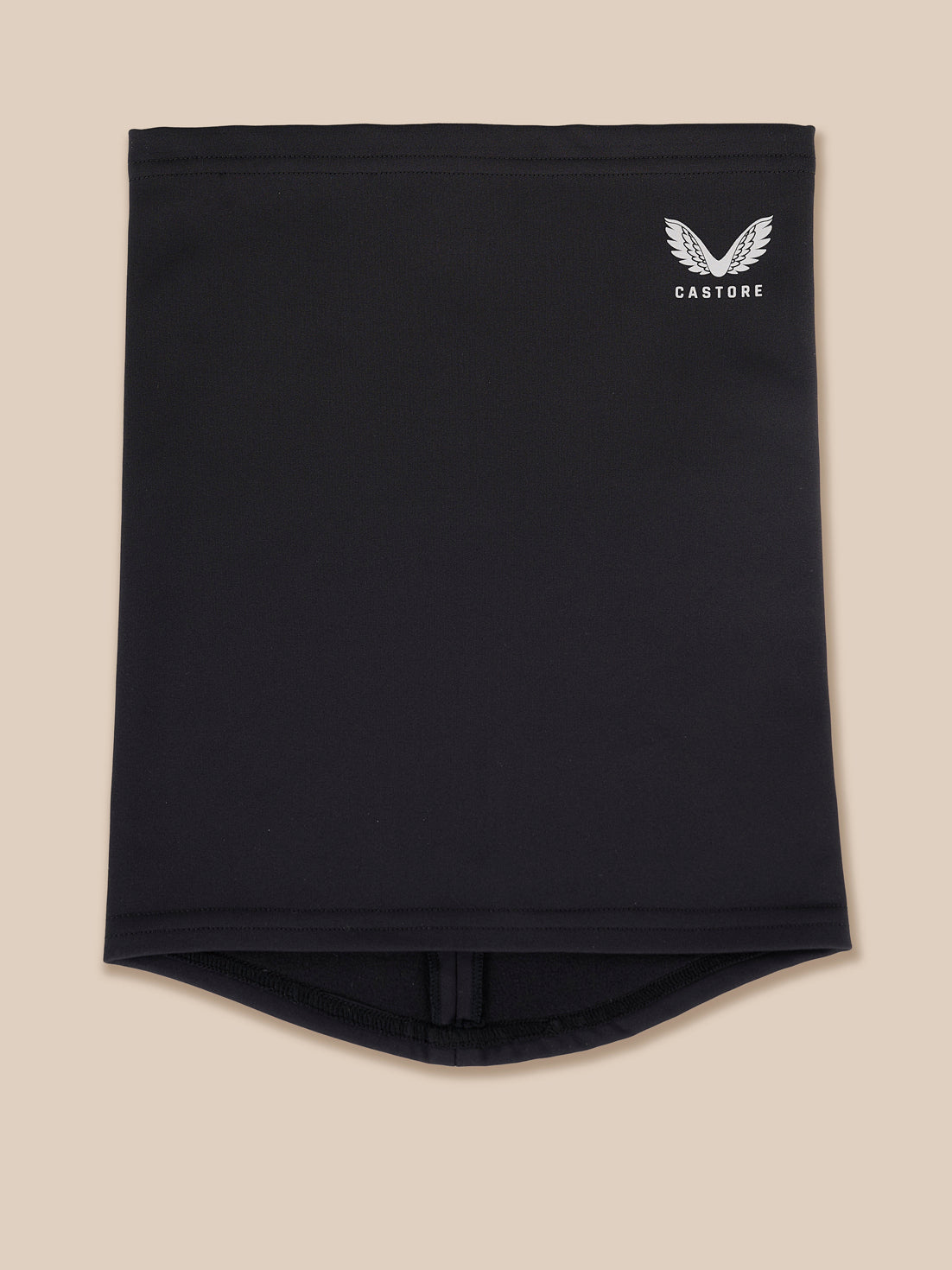 A black athletic snood with a white Castore wing logo printed on the upper right, displayed flat against a solid beige background.