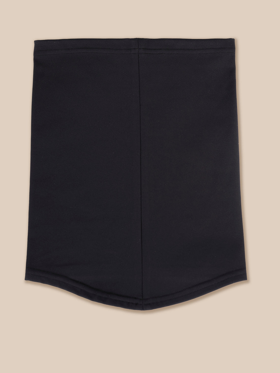 A black athletic snood with a curved hem, laid flat against a solid beige background.