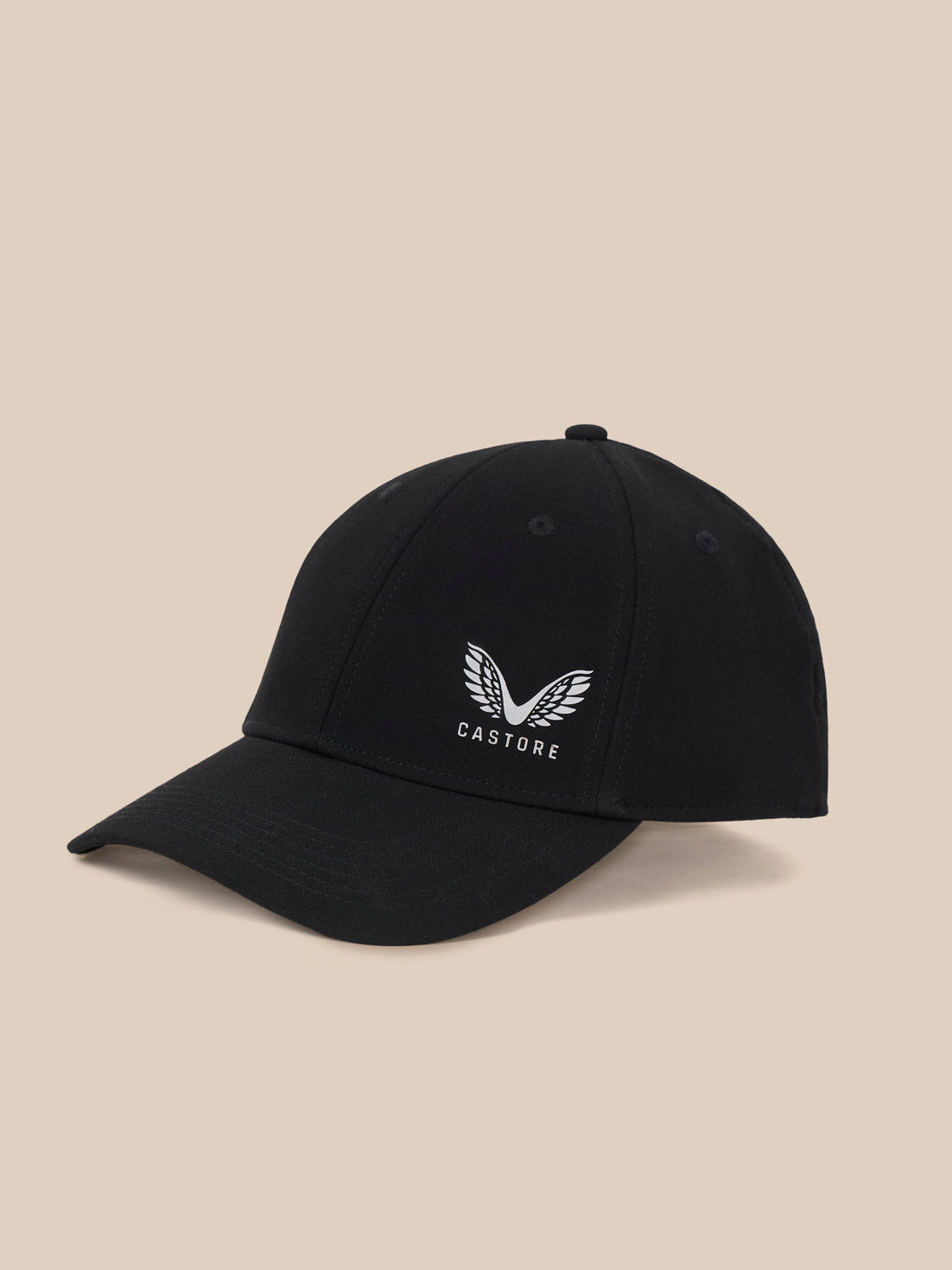Black cap with a logo on a light gray background