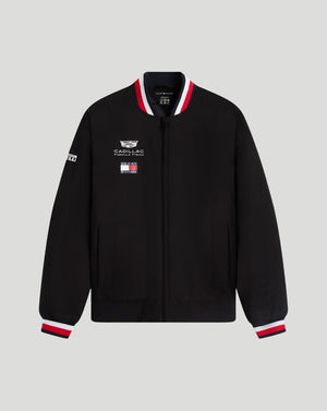 Black jacket with Cadillac logo on a gray background