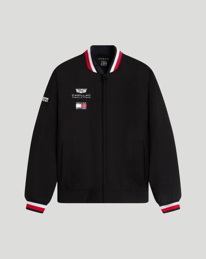 Black jacket with Cadillac logo on a gray background