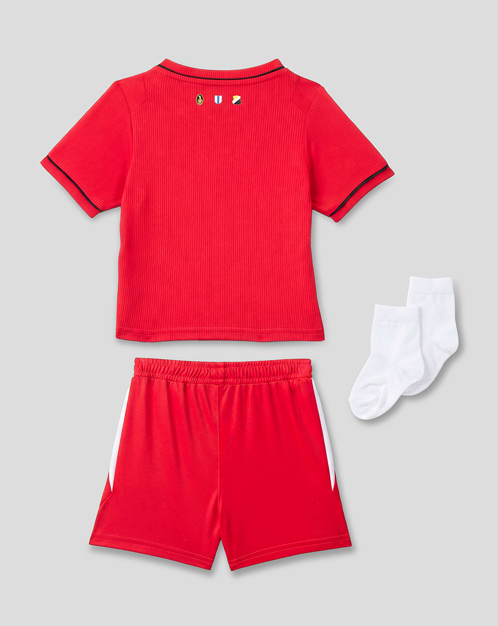 Back view of red FC Utrecht baby kit with small badges at the upper back and matching shorts