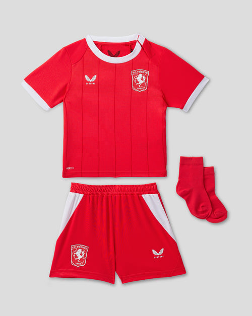 FC Twente infant home kit red jersey with white collar crest and matching shorts and socks